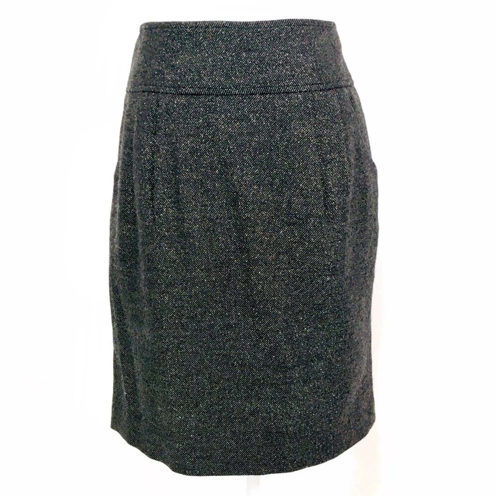 Ann Taylor Wool Blend Skirt Sz 8 Black/Gold Tweed Straight Pleated Pockets